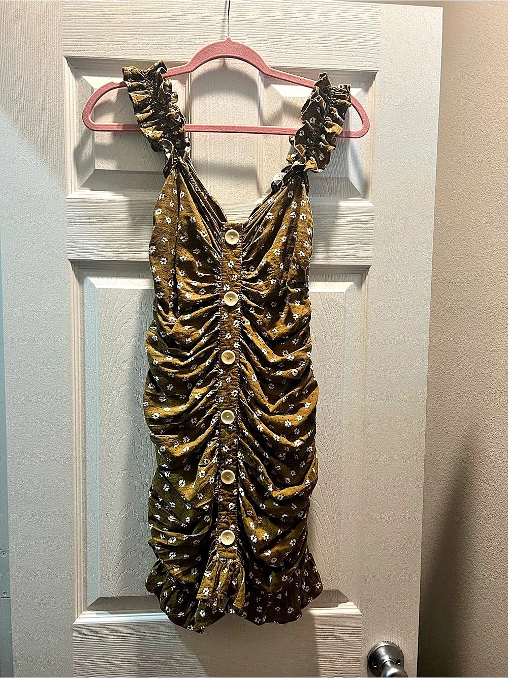 Zara Floral Ruched Midi Dress in Brown Khaki  & White Size Medium